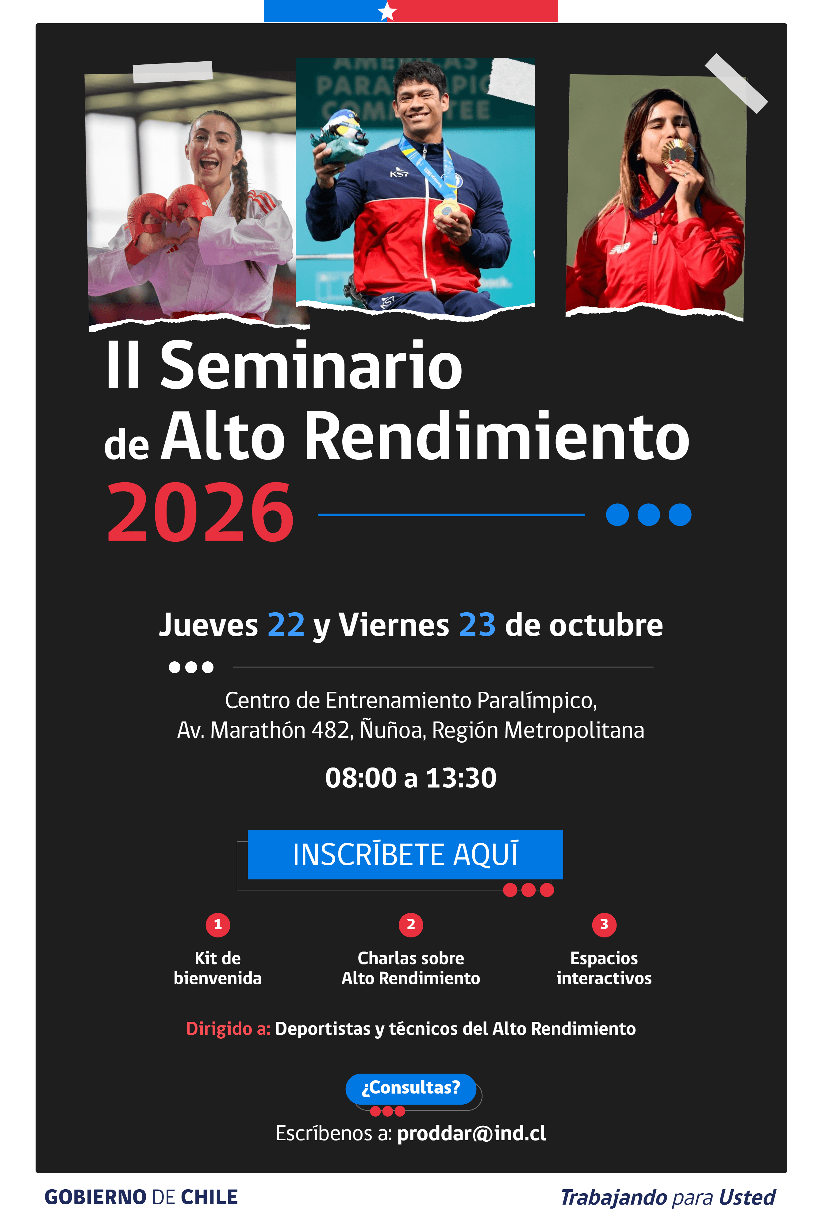 Afiche del II Seminario de Alto Rendimiento 2026. Jueves 22 y viernes 23 de octubre de 2026, de 08:00 a 13:30, en Centro de Entrenamiento Paralímpico, Parque Estadio Nacional.